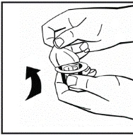 Hands opening a medicine bottle, using fingers to remove the cap, with an arrow indicating the direction of rotation
