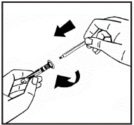 Hand holding a syringe, the other hand screwing on the needle, arrows showing the direction of rotation to secure the needle to the syringe