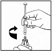 Hand rotating the syringe clockwise to screw it into the base, with a black arrow indicating the direction of rotation