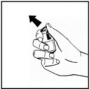 Una mano tiene un inalatore, un dito preme il pulsante, una freccia indica la direzione di rilascio del farmaco verso l'alto