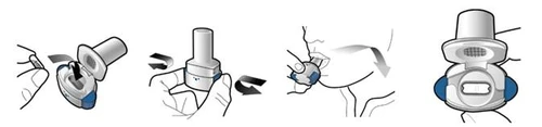Una mano apre il coperchio dell'inalatore, inserisce una capsula, chiude il coperchio, inala attraverso la bocca e poi rimuove la capsula usata