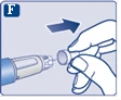 Hand unscrewing the needle cap from the pen injector, preparing it for use, with an arrow indicating the direction of rotation