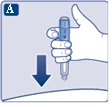 Hand holding a syringe vertically, needle pointing downward, blue arrow indicating direction of drug administration into the skin