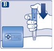 Hand holding a pen injector, pressing the plunger down, with a dose indicator showing 0 mg on the device screen