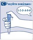 Hand holding a pen injector, fingers pressing the button, with a bubble above showing numbers 1-2-3-4-5-6, letter C on the left, and text 'Count slowly'