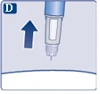 Pen injector needle inserted into the skin, arrow indicating direction of device removal after in
