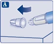 Pen injector needle being placed into the protective cap, arrow indicating direction of movement to secure the needle