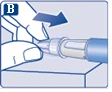 Hand holding a syringe, inserting the needle into muscle tissue, with an arrow indicating direction of movement, and letter B in a square at the top left corner