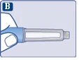 Hand holding a syringe with needle pointing forward, ready for drug administration, letter B in a square at the top left corner