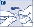 Hand unscrewing the cap from a drug ampoule, arrow indicating counterclockwise rotation direction