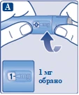 Hands holding a blue dosing device, rotating to select a dose of 1 mg, with label '1 mg selected' and a doser icon with number 1