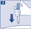 Hand holding a pen injector, pressing down to administer the drug subcutaneously, with an arrow indicating the direction of pressure