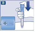 Hand holding a pen injector, pressing it downward, with a dose indicator showing 0 mg on the device screen