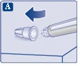 Pen injector needle being inserted into a special adapter, arrow indicating direction of movement for proper connection of components