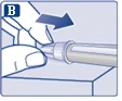 Hand holding a syringe, inserting the needle into muscle tissue, with an arrow indicating direction of insertion, and letter B in a corner