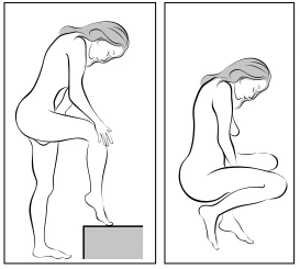 Woman standing on one leg, maintaining balance, then sitting down on a chair and lowering herself to the floor with knees bent