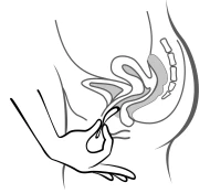 Hand holding a syringe injecting the needle at an angle into the muscle tissue of the buttock, with visible anatomy of the pelvis and spine in the background
