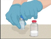 Hands in blue gloves opening a vial of medication, with a bottle containing white powder and a red cap nearby