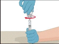 Hand in blue glove holding a syringe, the other hand in blue glove rotating the syringe plunger clockwise to expel air