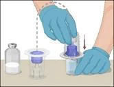 Hands in blue gloves performing the procedure of filling a syringe with solution from a vial through a filter, needle inserted into the vial stopper