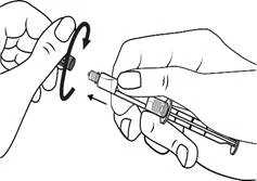 Una mano desenrosca la tapa de una pluma inyectable, la otra sostiene el dispositivo; una flecha indica la dirección del giro para abrirlo