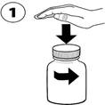 Hand unscrewing the cap of a vial, arrow indicating counterclockwise rotation, number 1 marking the first step of the instruction