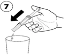 Hand holding a syringe, expelling a drop of liquid into a cup, with a black arrow and number 7 above it