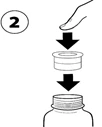 Hand removing the cap from the vial, with the cap being separated from the vial as indicated by arrows and number 2