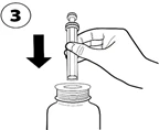 Hand inserting a syringe into a medication vial, arrow showing direction of movement, number 3 indicating the instruction step