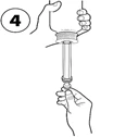 Hand holding the syringe plunger, the other hand supporting the body, preparation for injection marked with step 4
