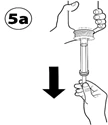 Hand holding the syringe vertically, the other hand pressing the plunger down, showing the direction of drug administration