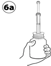 Hand holding a vial with a syringe inserted and cap removed, marked as step 6a