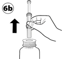 Hand holding a syringe, drawing solution from the vial, with an upward-pointing arrow and label 6b