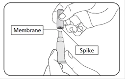 Manos insertando una aguja-punzón en la membrana de un frasco, elementos marcados: membrana y punzón, ilustración para instrucciones médicas