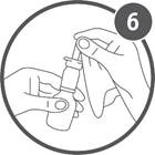 Le mani tengono il flacone con contagocce, aprendo il coperchio per l'uso del farmaco, con il numero 6 cerchiato