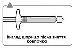 Шприц без колпачка с пометкой внимания, под ним надпись Внешний вид шприца после снятия колпачка