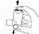 Una mano sostiene el inhalador, los dedos presionan los botones laterales, la parte superior se eleva hacia arriba y la parte inferior baja hacia abajo para prepararlo para su uso