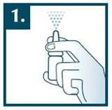 A hand holding a spray pointing upward, with droplets dispersing from the nozzle, in a square frame with number 1 in the upper left corner