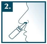 Nasal spray being inserted into a nostril at an angle, illustration of step 2 of the medication's instructions for use