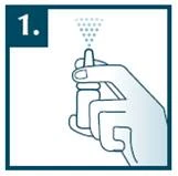 A hand holding a spray pointing upward, with droplets dispersing from the nozzle, in a square frame with number 1 in the upper left corner