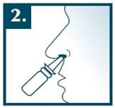 A nasal spray being inserted into a nostril at an angle, image with number 2 in a square