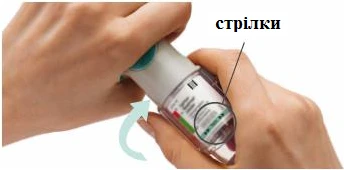Manos sujetando el inhalador, un dedo presiona el botón, flechas indican la dirección de giro para prepararlo antes del uso
