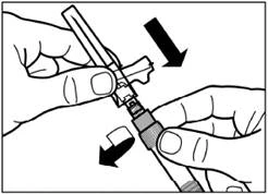 Hands unscrewing the cap of an auto-injector pen, preparing it for use, with arrows indicating direction of rotation