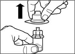 Hand unscrewing the cap of a medication vial, another hand holding the vial, arrow indicating direction of unscrewing