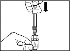 Hand holding a syringe inserting the needle into an ampoule, the other hand holding the ampoule, arrow indicating direction of plunger depression