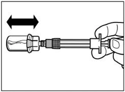 Hand holding a syringe with an ampoule, arrows indicating plunger movement to draw solution from the ampoule into the syringe