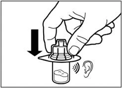 Mano presionando la tapa del frasco de medicamento, produciendo una señal acústica, junto a un oído representado como indicador del sonido
