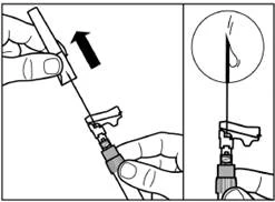 Hand holding a syringe injecting the needle into muscle, a magnified view shows a drop of liquid at the needle tip after administration