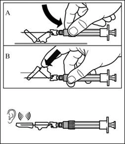 Hand injecting a syringe into the skin at an angle, then withdrawing the needle, with an audible signal indicating completion of injection