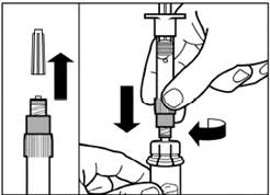 Hand inserting a syringe into a medicine vial, pressing the plunger to draw up the solution, with arrows showing direction of movement